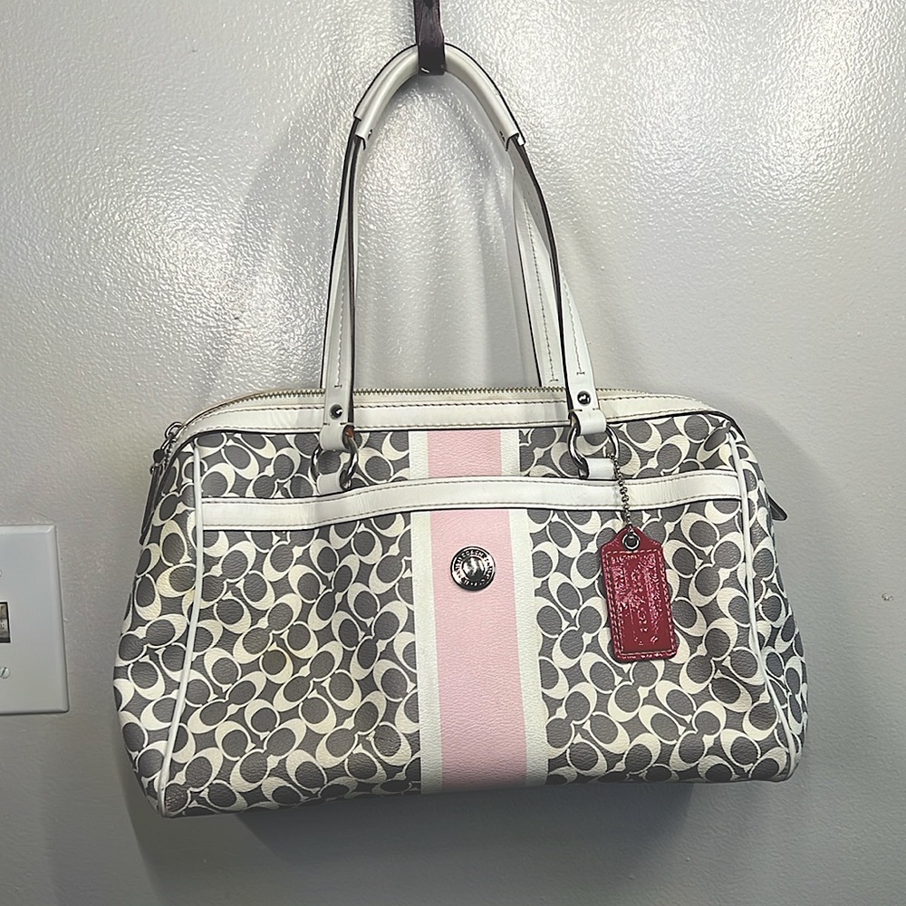 COACH SIGNATURE CHELSEA HERITAGE PINK STRIPE GRAY & IVORY SATCHEL HANDBAG F15132
